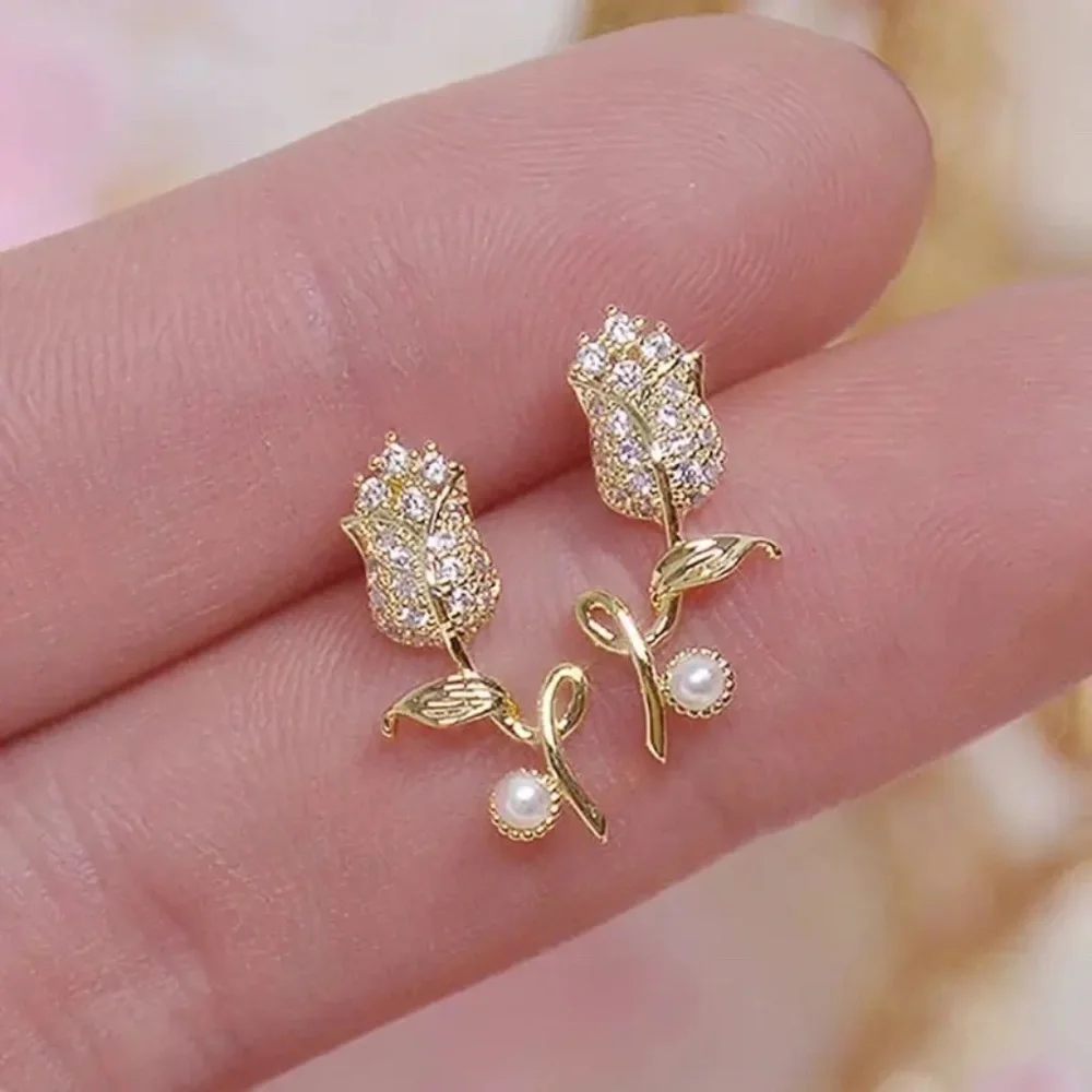 💎 NEW 14K Gold Plated Diamond Rose Flower Necklace & Earrings Set